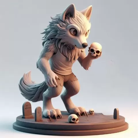 168 COLOR Werewolf Howling with Skull - 3D Model, magic, fox, kung fu, shapeshifter, martial arts, fantasy, Pu Song Ling, warrior, mystic, legend, monster, fair, witch, werewolf, horror, beast, snake, troll, skeleton, STL