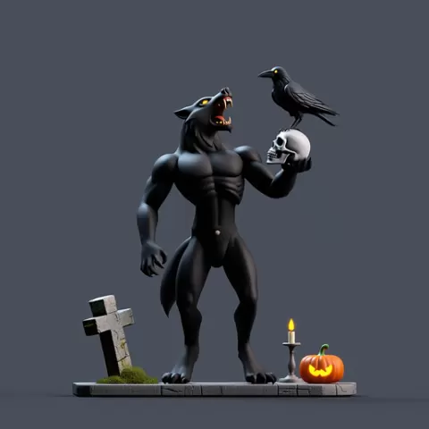 315 Werewolf with Skull – Minimalist Statue, character, DND, skull, monster, troll, skeleton, fox, minimalist, miniature, figurine, collectible, fantasy, gorgon, decorative, Halloween, serpent, STL, ARTE
