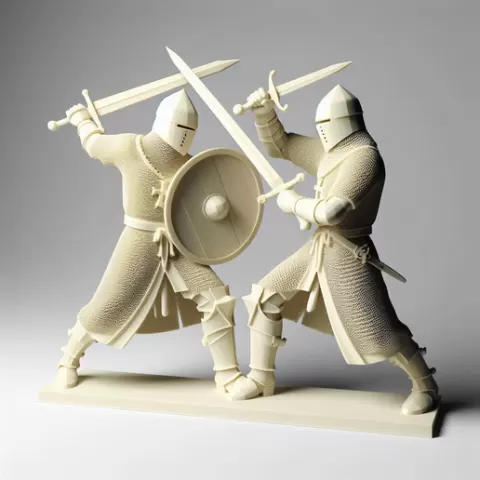 314 Knight Duel – Minimalist Ivory Battle Scene, fantasy, art, sculpture, creature, magic, witch, skeleton, Halloween, knight, viking, dragon, cat, dog, monster, gothic, warrior, armor, DND, STL, ARTE