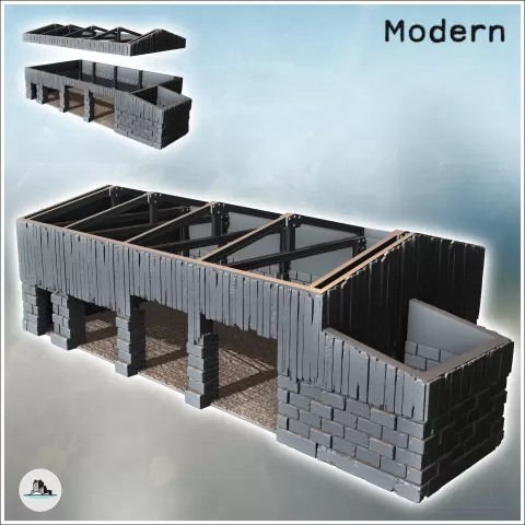 Stone and wooden industrial building with metal beams withou - Hartolia Miniatures