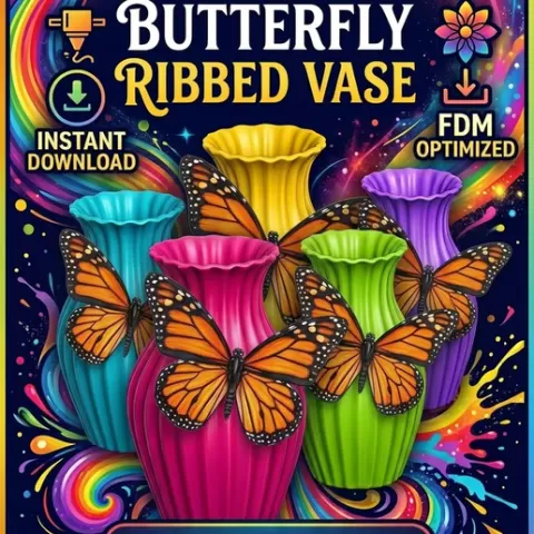 Butterfly Ribbed Vase STL File for 3D Printing, Decorative Flower Vase, Aesthetic Desk Organizer, Desktop Planter, Unique Gift for Her, FDM Optimized 3D Model