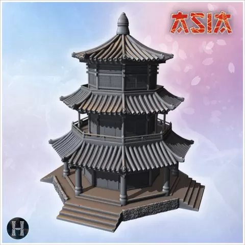 Octagonal two-stories pagoda with columns 18 - Medieval Asia Feudal Asian Traditionnal Ninja Oriental by Hartolia Miniatures