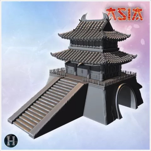 Asian building with one floor on grand staircase 8 - Medieval Asia Feudal Asian Traditionnal Ninja Oriental by Hartolia Miniatures