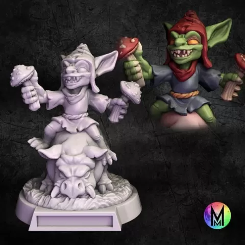 Goblin Sniffer - Goblin Spore Licker ( Goblin Shroom Sniffer Riding a pig / OPR compatible Goblin) by Moonlight Minis- Christine Van Patten