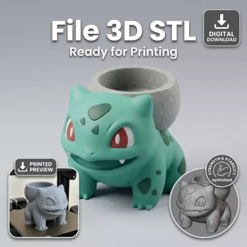 Bulbasaur Planter STL File – Cute Pokémon Succulent Pot – 3D Printable Plant Holder – Desk Decor Digital Download