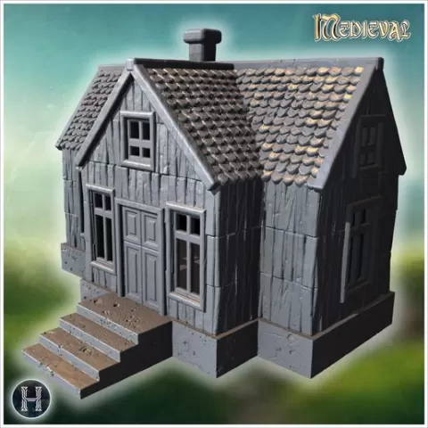 Rustic wooden house with detailed railing and steep shingle roof (62) - Medieval Gothic Feudal Old Archaic Saga 28mm 15mm RPG