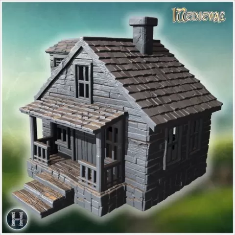 Stone house with twin gables, wooden porch, and detailed window frames (60) - Medieval Gothic Feudal Old Archaic Saga 28mm 15mm RPG