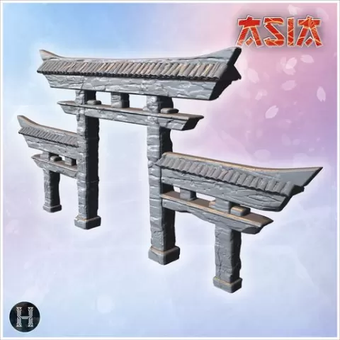 Torii gate with three arched sections and detailed textured wooden beams (4) - Asian Asia Oriental Angkor Ninja Traditionnal RPG Mini