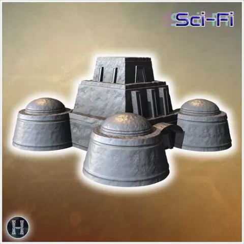 Sci-Fi fortress with four large domes, central entrance, and reinforced stone walls (2) - Medieval Gothic Feudal Old Archaic Saga 28mm 15mm RPG