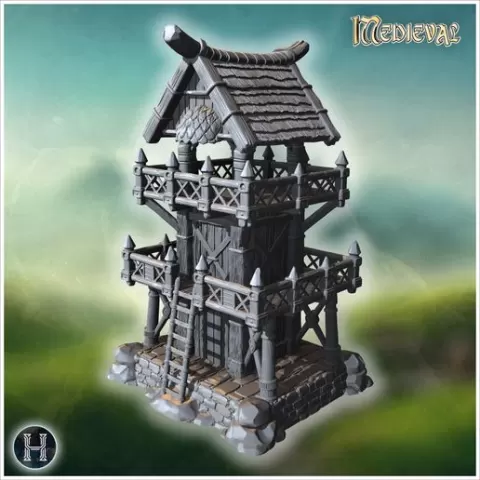 Tall wooden watchtower with fortified railings, a ladder, and thatched roof supported by beams (55) - Medieval Gothic Feudal Old Archaic Saga 28mm 15mm RPG