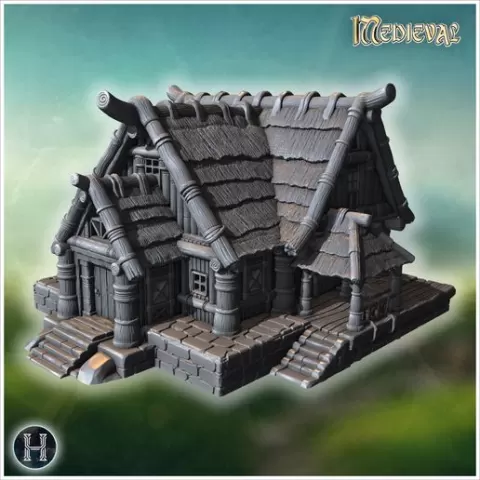 Rustic wooden house with overlapping roof shingles, thick wooden beams, and carved pillars (53) - Medieval Gothic Feudal Old Archaic Saga 28mm 15mm RPG