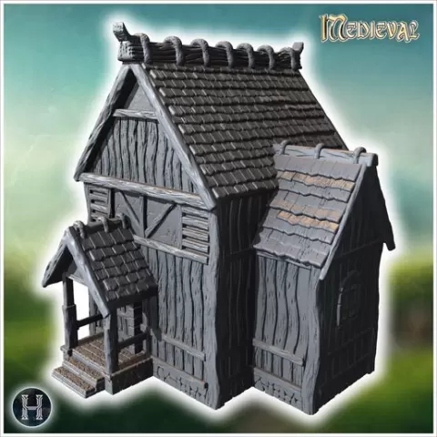 Medieval wooden house with steep roof, wooden porch, and detailed timber construction on walls (15) - Medieval Gothic Feudal Old Archaic Saga 28mm 15mm RPG