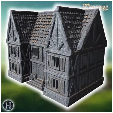 Large medieval house with wooden balconies, stone foundation, and a detailed roof structure (50) - Medieval Gothic Feudal Old Archaic Saga 28mm 15mm RPG