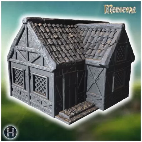 Multi-window timber house with detailed roof structure, wooden shutters, and arched doorway (48) - Medieval Gothic Feudal Old Archaic Saga 28mm 15mm RPG