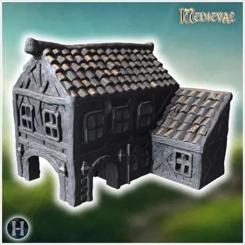 Large wooden building with arched entry, small annex, and detailed roof tiles (38) - Medieval Gothic Feudal Old Archaic Saga 28mm 15mm RPG