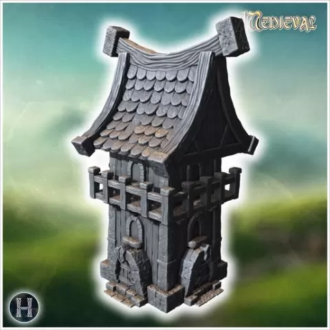Tall wooden watchtower with stone base, curved roof, fortified railing, and arched entryway (32) - Medieval Gothic Feudal Old Archaic Saga 28mm 15mm RPG