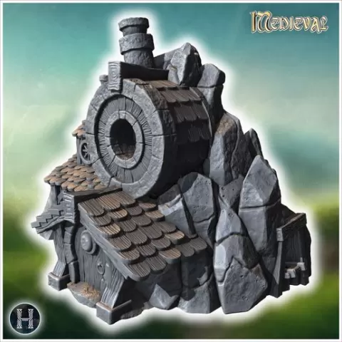 Large round stone forge integrated into a rocky cliff with detailed shingled roof and chimney (28) - Medieval Gothic Feudal Old Archaic Saga 28mm 15mm RPG