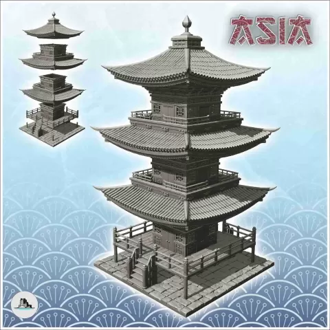 Big Asian pagoda with wooden platform (40) - Japan China Kor - Hartolia Miniatures