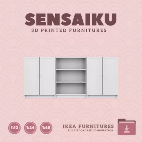 Miniature Replica Billy Oxberg Bookcase Comb with Doors for Miniature Dollhouse - IKEA (1:12,24,48) - 3D Print Instant Download