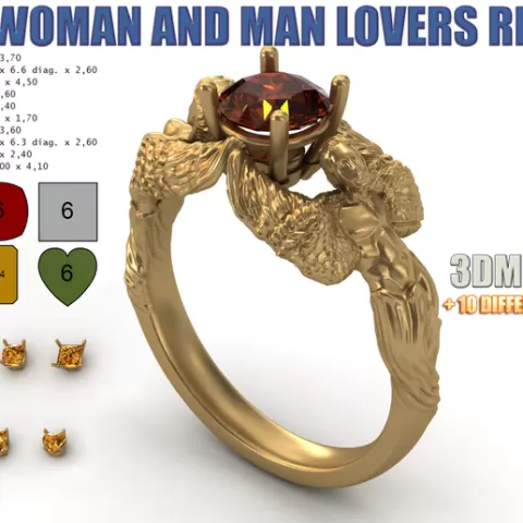 Carrera Woman and Man Lovers Ring Angel Wing 10 Stone Cuts Heads 3D print model