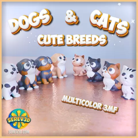 Mini Dogs & Cats - Cute Breeds Flexi Keychain & Straw Buddy Collection + Bonus KISS Cats - No Supports 3D Print STL/3MF by SEREV3d