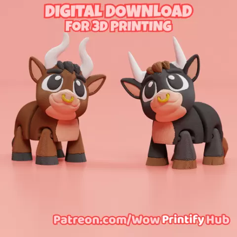Articulated Bull STL & 3MF – Flexi Print in place animal (Fidget Toy)