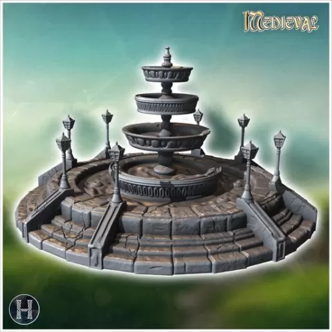 Large tiered fountain surrounded by ornate lampposts and stone steps (2) - Medieval Gothic Feudal Old Archaic Saga 28mm 15mm RPG
