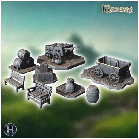 Collection of market accessories including carts, barrels, crates, benches, and a bag (1) - Medieval Gothic Feudal Old Archaic Saga 28mm 15mm RPG