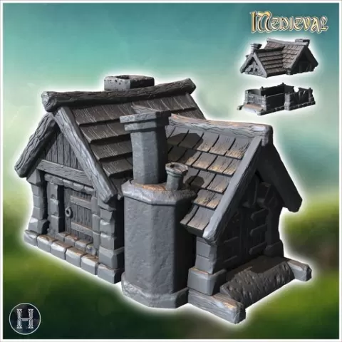 Medieval building with outdoor fireplace, two-part roof and wooden door (9) - Medieval Gothic Feudal Old Archaic Saga 28mm 15mm RPG