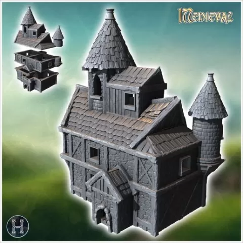 Medieval building with double roof towers, first floor and half-timbered walls (4) - Medieval Gothic Feudal Old Archaic Saga 28mm 15mm RPG
