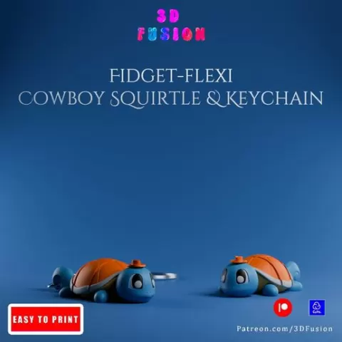 Cowboy Squirtle 🤠🐢🔫💦 : MultiColor Mini Pokemon Articulated Flexi Toy and Keychain 🔸 STL and 3MF Files 🔸 Print in Place