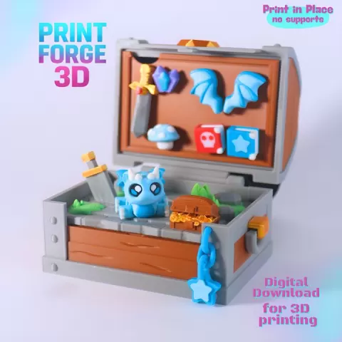 Dragon Treasure Chest & Dragon Flexi | Print-in-Place Articulated | No Supports by PrintForge3D