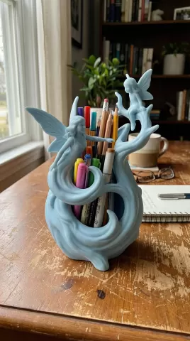 Whimsical Fairy Tree Stump Pencil Holder - 3D Printed Desk Organizer & Fantasy Woodland Office Decor