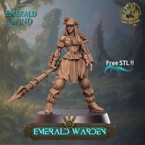 FREE STL / Emerald Warden- Tribal-Tech Heroine STL / Miniature for Wargames and RPGs by Golden Thief Studio