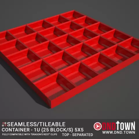 Utility - Container 1U - 5x5 (25 Blocks) - TOP - Separated - Center - 38.1mm - DnD Town Minis (www.dnd.town) by TTR.Town