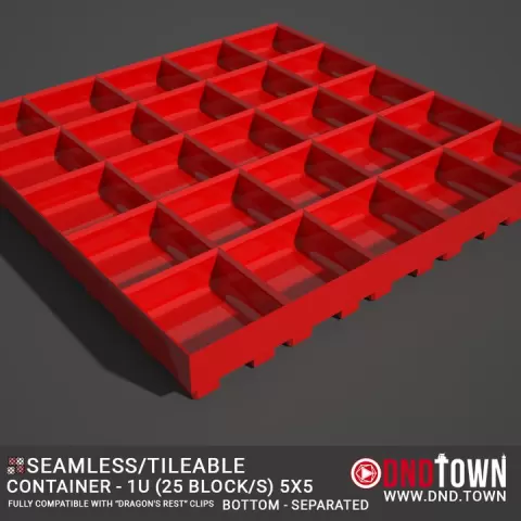 Utility - Container 1U - 5x5 (25 Blocks) - BOTTOM - Separated - Center - 38.1mm - DnD Town Minis (www.dnd.town) by TTR.Town