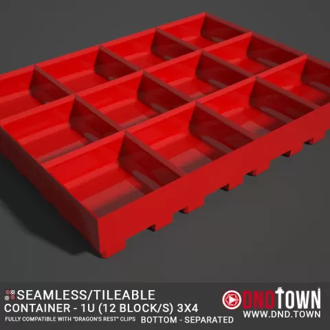 Utility - Container 1U - 3x4 (12 Blocks) - BOTTOM - Separated - Center - 38.1mm - DnD Town Minis (www.dnd.town) by TTR.Town