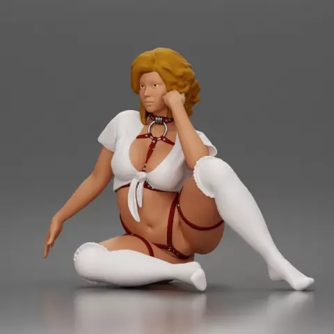 Kneeling woman poses wearing strappy harness lingerie choker garter stockings by 3DGeschaft Miniatures Figures