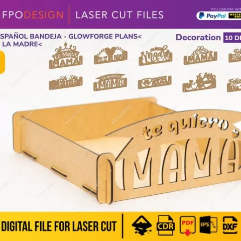 Charola Día de la madre 10 diseños vector corte laser tipo bandeja para regalo chocolates dulces con frases de te amo día mamá svg eps