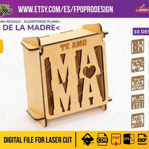 Caja día de la madre para chocolates 10 diseños español obsequio regalo glowforge corte láser planos cnc espesor 2,5 3 y 4 mm DXF CDR