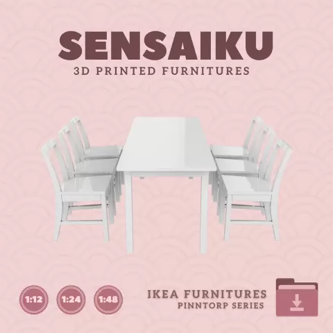 Miniature Replica 07. PINNTORP Table V3 72 Inch and Chairs for Miniature Dollhouse - IKEA - 3D Prin