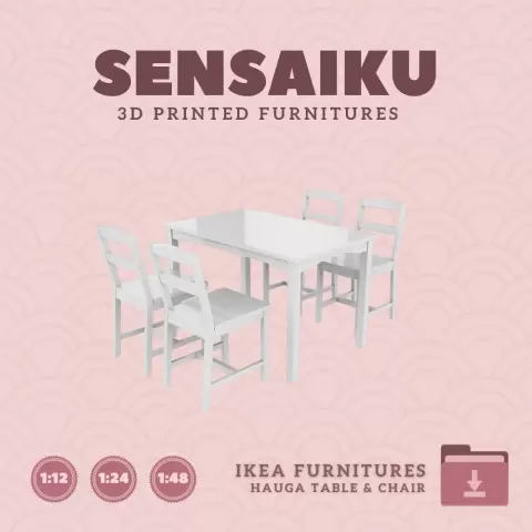 Miniature Replica HAUGA Dining Table and Chair for Miniature Dollhouse - IKEA (1:12,24,48) - 3D Prin