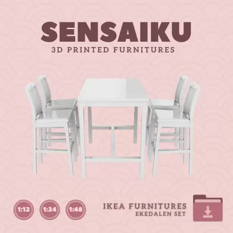 Miniature Replica 14. EKEDALEN EKEDALEN Bar Table and 4 Bar Stools for Miniature Dollhouse IKEA 3D