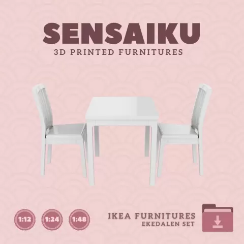 Miniature Replica 12. EKEDALEN Table and 2 Chairs for Miniature Dollhouse IKEA 3D Print (1:12,24,48)