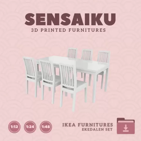 Miniature Replica 10. EKEDALEN Table and 6 chairs for Miniature Dollhouse IKEA 3D Print (1:12,24,48)