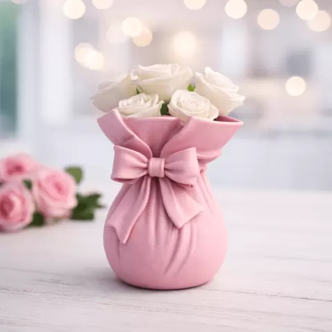 Ribbon Bouquet Vase | Elegant Flower Bag Vase with Bow | Romantic Home Valentine Decor