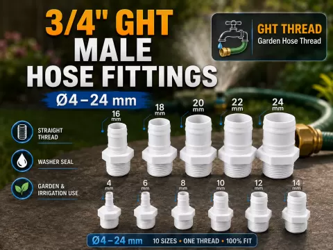 Garden Hose Fittings 3/4'' Male GHT→ Hoses Ø4–24mm