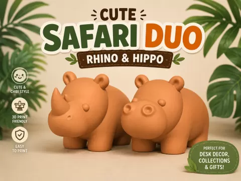Cute Safari Duo – Rhino & Hippo