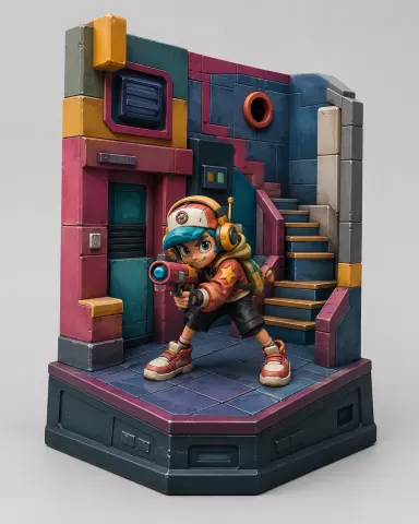 Arcade hero im futuristischem Diorama