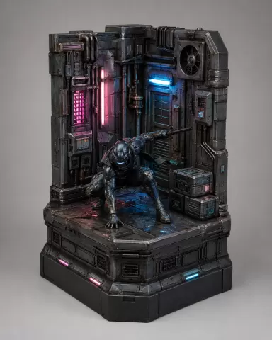 Cyber-ninja in futuristic alley diorama